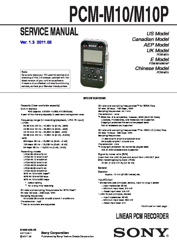 Printed User Manual For Sony Pcm-m10