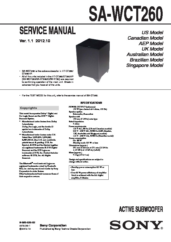 Sony SA-WCT260 Service Manual - FREE DOWNLOAD