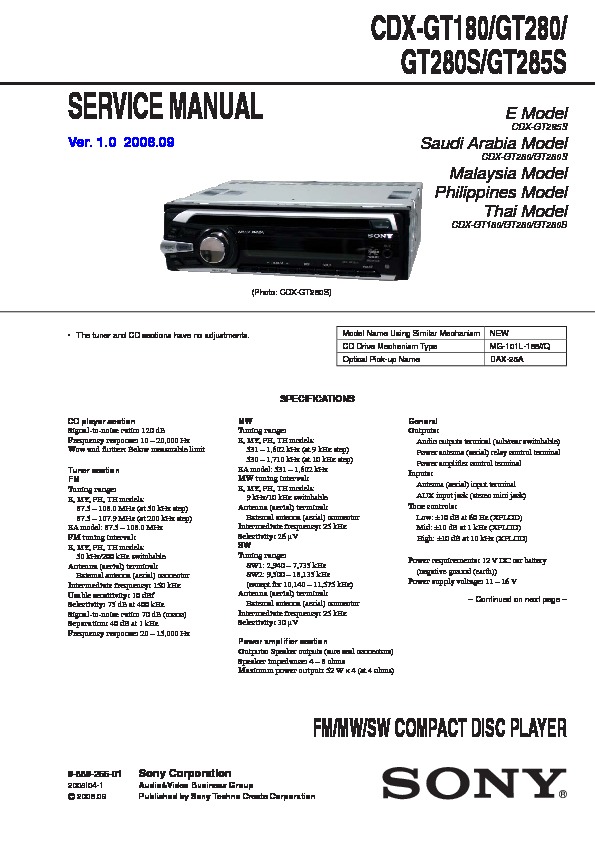 Sony CDX-GT180, CDX-GT280, CDX-GT280S, CDX-GT285S Service Manual - FREE