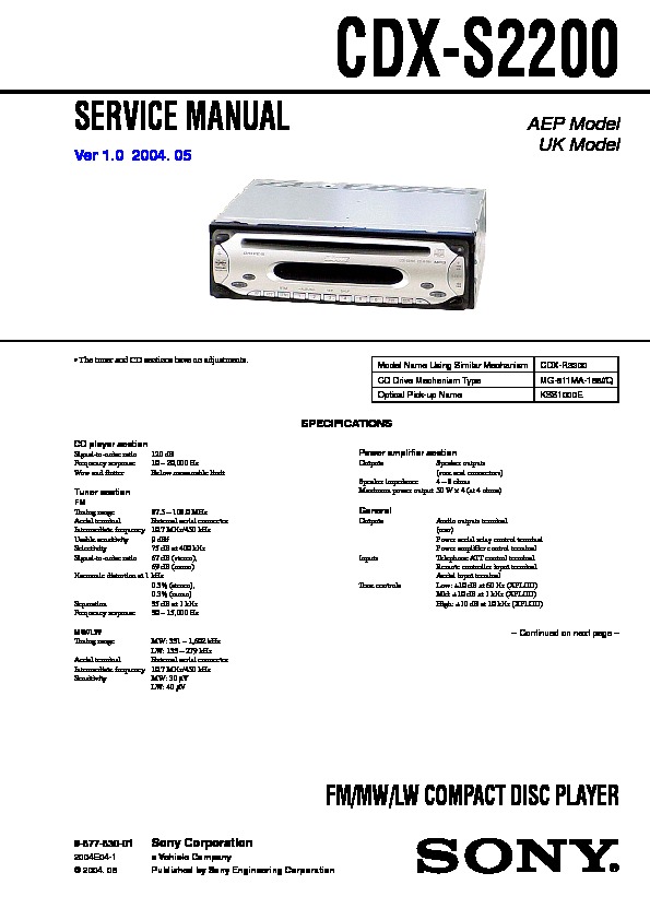 CD Head Unit Sony CDX-S2200 Car Radio 