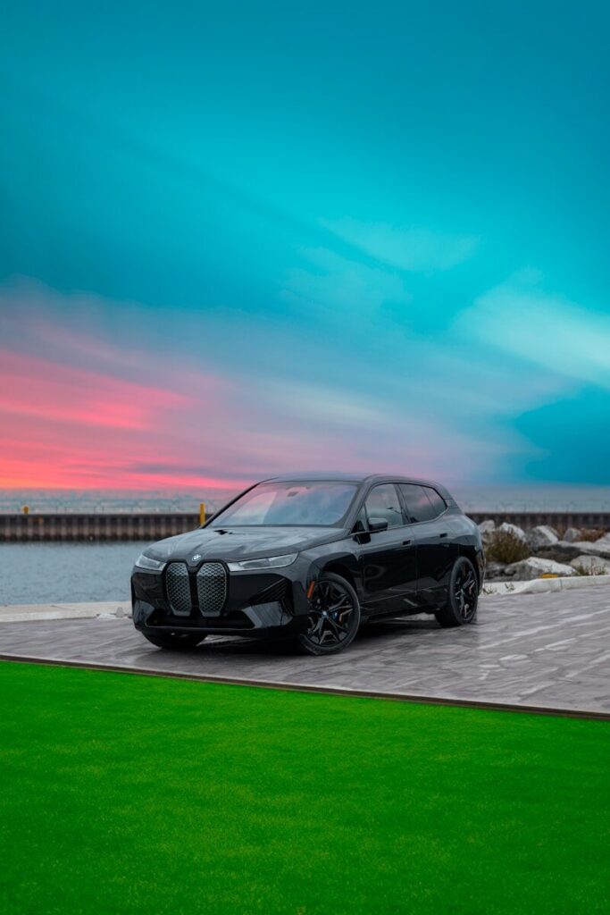 a black bmw suv parked on top of a lush green field